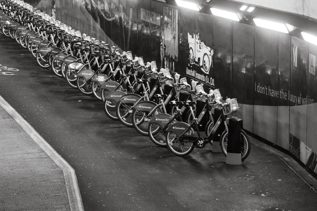 Rows of bike share "Boris" bikes at London Vauxhall