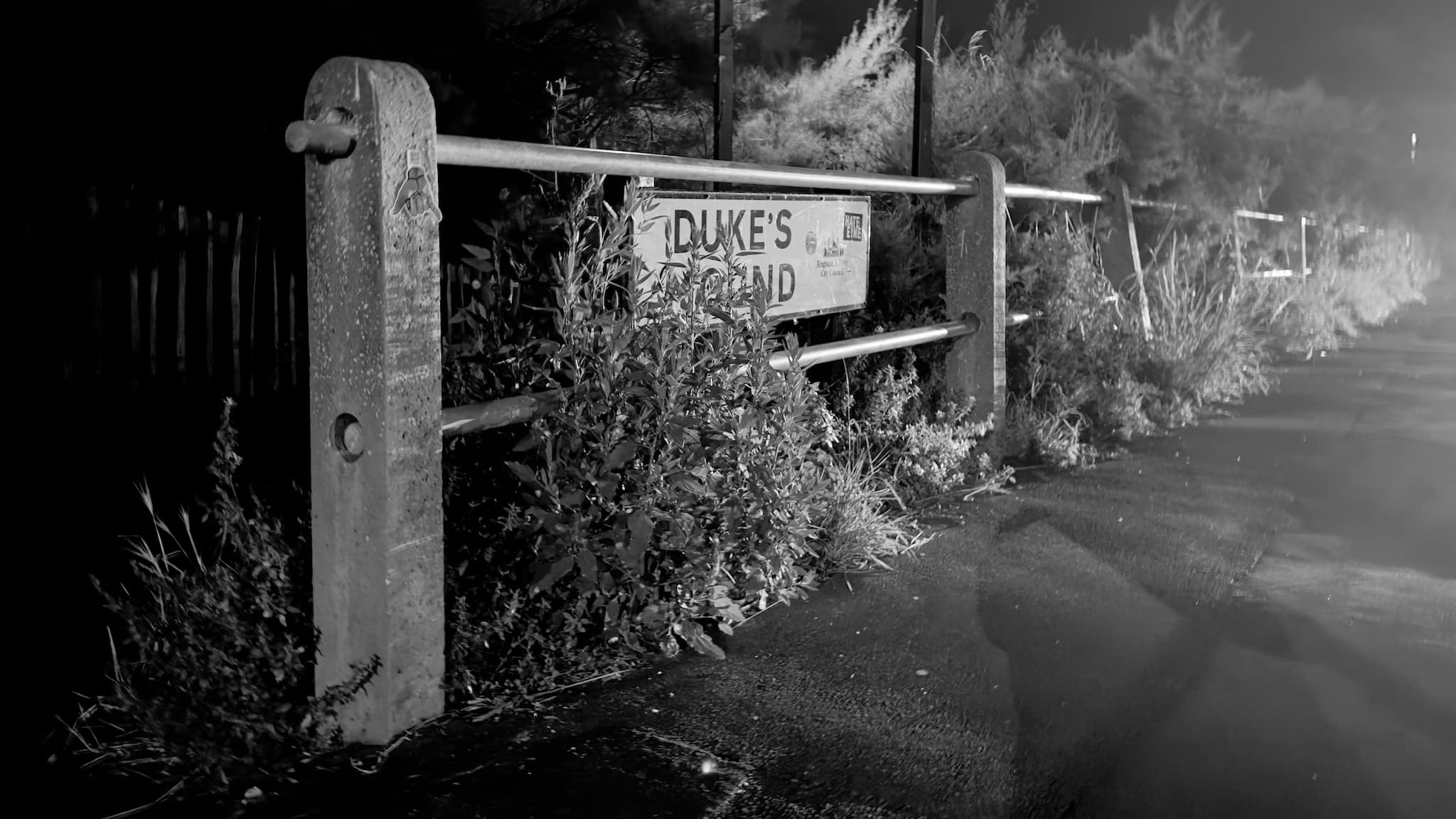 A black and white photo of a fence with a sign that reads “DUKE’S MOUND” attached to it, surrounded by foliage at night.